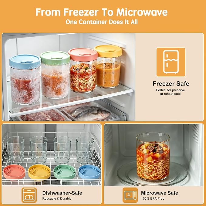 24oz Glass Soup Freezer Containers, 4Pcs Borosilicate Glass Soup Container with Vented Silicone Airtight Lid, Microwave & Freezer Safe Jars, Circular Meal Prep Storage for Stew, Sauc, Leftover