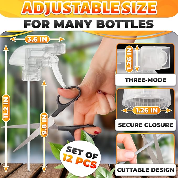 ALPENKOK 12Pack Spray Nozzle for Bottles, Trim-To-Fit Tube; Plastic (Clear) | Spray Bottle Nozzle Replacement; Fits 8 and 16 Oz; Trigger Sprayer with Mist, Stream & Off Modes; for Cleaning and Garden