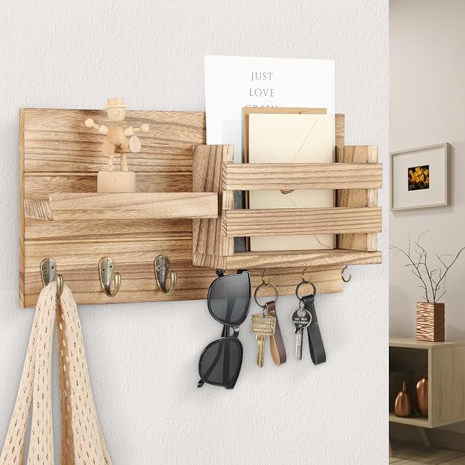 Lwenki Mail Organizer for Wall Mount – Key Holder with Shelf Includes Letter Holder and Hooks for Coats, Dog Leashes – Rustic Wood with Flush Mounting Hardware (16.5” x 8.7” x 3.5”) (Wood)