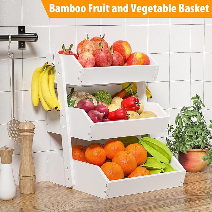 Gmtsl Bamboo Fruit Basket for Kitchen, Fruit Holder for Kitchen Countertop | 3 Tier Fruit bowl for Kitchen Counter, Fruit Stand, Vegetable Basket Storage, Produce Organizer, Bread Snack Display(White)