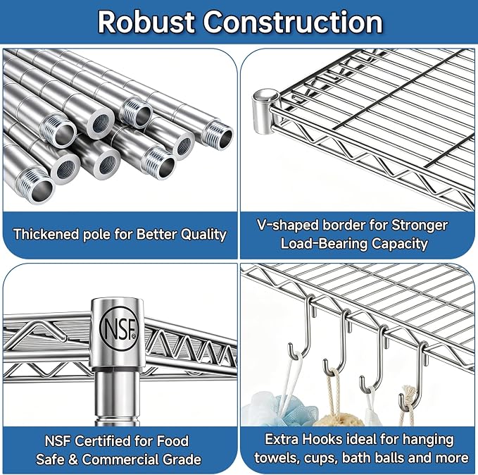 48" W Garage Shelving with Wheels Storage Shelves 5 Tier Wire Shelving Adjustable Metal Storage Shelves for Garage, Basement, Warehouse, Commercial, Industrial, 48" W x 81" H x 24" D 4Pack