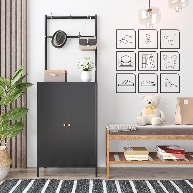 Tall Metal Shoe Cabinet with Coat Rack,Farmhouse Shoe Storage Cabinet with Doors,Hanging Bar,Hooks for Entryway, Hallway, and Living Room,2in1 Hall Tree with 3 Adjustable Shelves(Black)