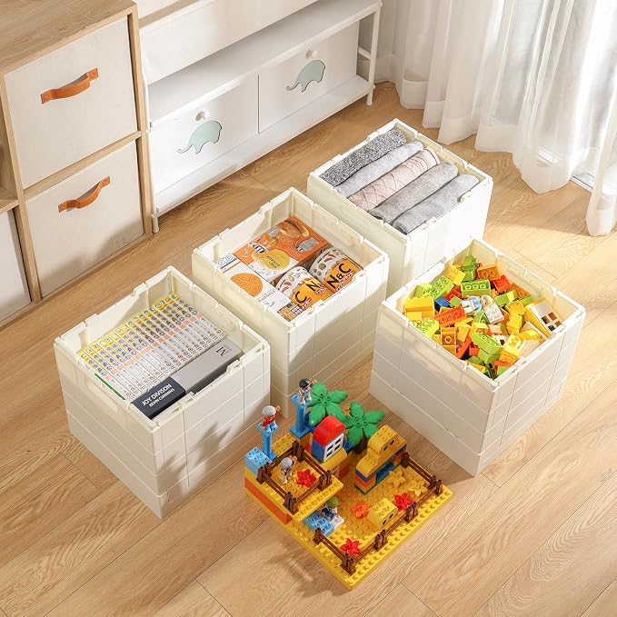 SHIMOYAMA Folding Storage Box with Building Baseplate Lid, 26 Qt. Collapsible Toy Organizer for Duplo Blocks, 25L Bolck Bins for Intermediate Size Mega Bloks, Kids Bricks Storage Box, Yellow