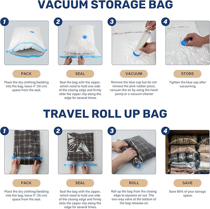 25 Pack Vacuum Storage Bags (5 Jumbo/5 Large/5 Medium/5 Small/5 Roll M) Space Saver Bags, Vacuum Seal Bags with Hand Pump for Comforters, Blankets, Bedding, Pillows and Clothes