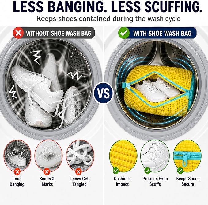 Shoe Washing Machine Bag 2 Pack with 2 Dust Bags for Washer Dryer | Chenille Microfiber Lining, 17 x 7.5 inch Cylindrical Shape, Auto-Lock Zipper, Foldable Yellow Laundry Wash Cleaner Pouches