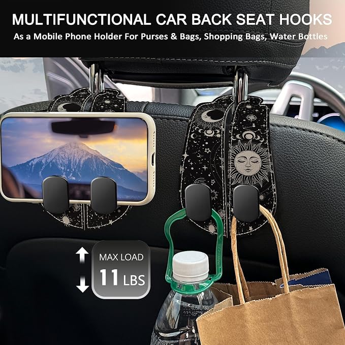 Blusabaca 2PCS Car Seat Headrest Hooks, Purses Bags Holder, Sun and Moon | PU Leather, Double Metal Back Storage Hangers for Grocery Bags Handbags Bottles Coats Phones, Car Accessories Organization