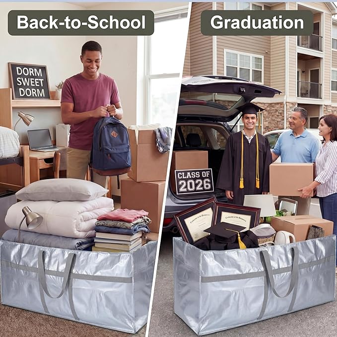 2 Pcs 66 Gallon Extra Large Moving Bags Storage Bags with Zipper and Handles Heavy Duty Duffle Bag Foldable Tote Bag for College Dorm Travel Clothes Blankets Bedding Moving(Silvery)