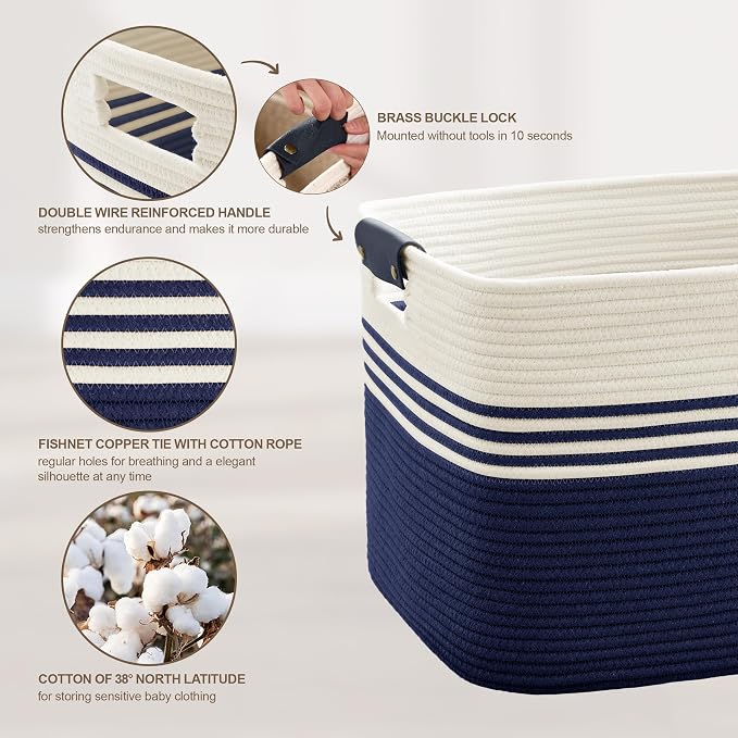 45L Small Woven Laundry Basket Hamper with Leather Handles,Navy | 18"x14"x11", collapsible wicker hamper, storage for dirty clothes, toys, blankets, gifts, living room, bedroom, bathroom