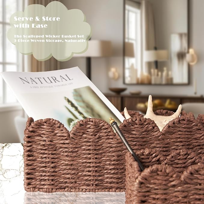 Scalloped Wicker Baskets, Set of 3 Hand-Woven Storage Baskets with Handles - Paper Rope Shelf Organizers & Decorative Baskets for Shelves, Closet, Bathroom (Brown）
