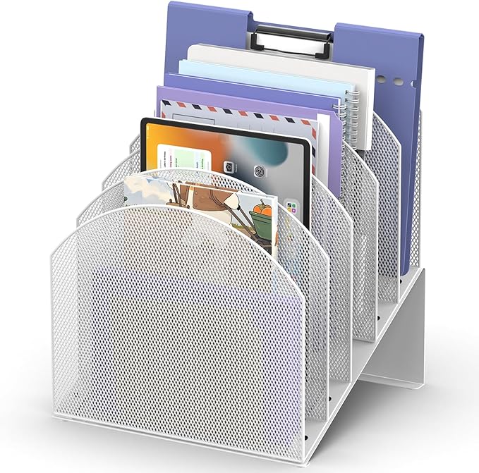 File Organizer for Desk, 5-Section Mesh Mail Holder, White | Mesh file organizer for desk, mail organizer and folder holder for A4/letter papers, notebooks, binders and office supplies