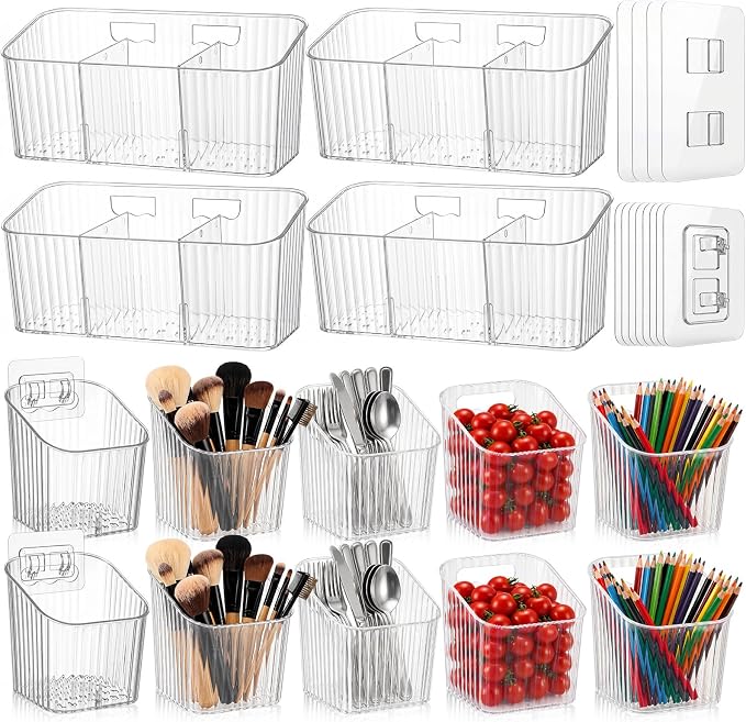 14 Pack Cabinet Door Organizer Adhesive Wall Mount Storage Bins Makeup Containers Stackable Organizer Basket for Kitchen Cabinets, Bathroom, Pantry, Office, Refrigerator (Frosted Clear)