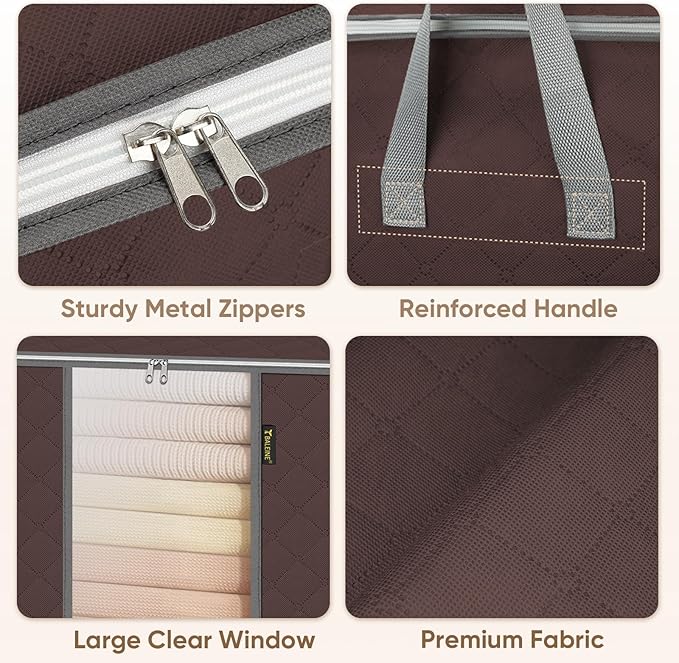 BALEINE 4 Pack Clothes Storage Bags, 24 Gallon Storage Containers with Reinforced Handle, Sturdy Zipper, Closet Organizer for Blanket, Comforter, Pillow, Bedding (Brown, 4 Pack)