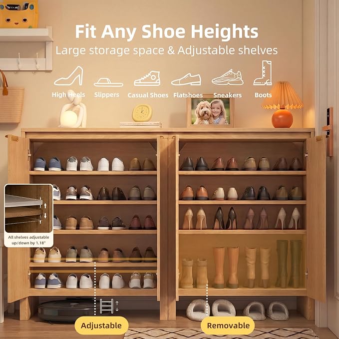 Shoe Cabinet, 5-Tier and 3 Doors Shoe Storage Cabinets with Fluted Doors and Adjustable Shelves, Thickened Wood Freestanding for Entryway, Hallway, Closet, Organizer Rack, Natural Oak JBSC002N
