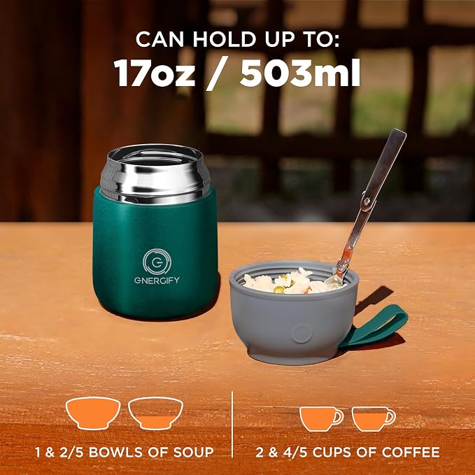 Vacuum Insulated Food Jar. Large 17oz Bowl incl. Folding Spoon, Cup. Wide Mouth Keep Hot & Cold Drinks Soup Lunch Container for Adults. BPA-Free Stainless Steel, Proof Brilliant Green