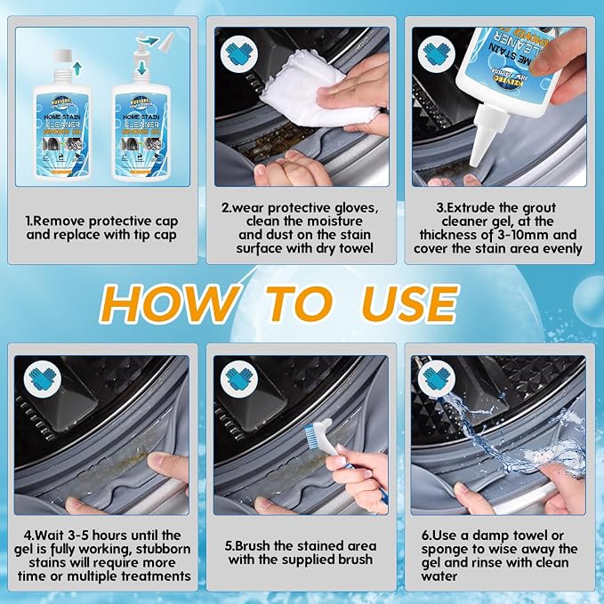 Mold Stain Remover Gel, Washing Machine Cleaner for Front Loader Washer Gasket Rubber Seal Home Stain Removal Gel for Grout, Caulk, Refrigerator, Shower, Bathtub, Bathroom Cleaning Solution (10 Fl Oz)