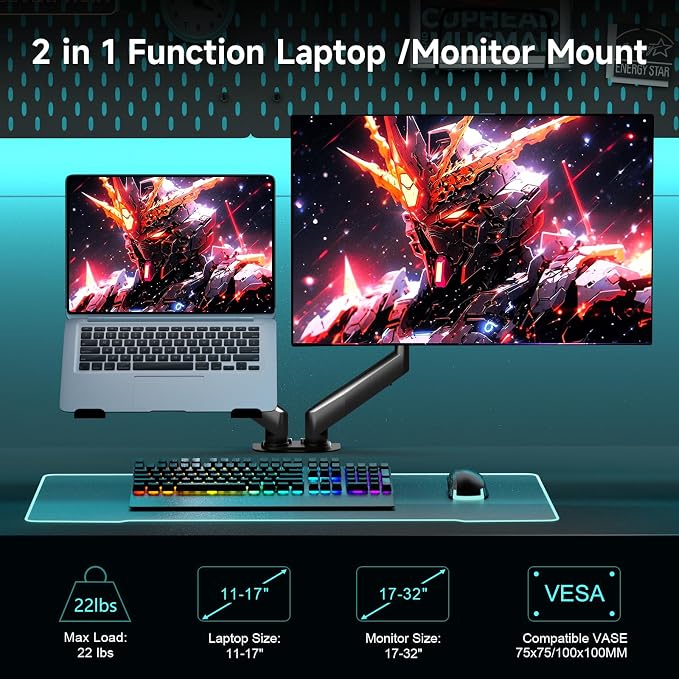 Pholiten Monitor and Laptop Mount for Max 32" Screen and 17" Notebook, Dual Monitor Mount Holds up to 22lbs, Laptop Tray Stand with Gas Spring Arm, VESA 75x75mm 100x100mm