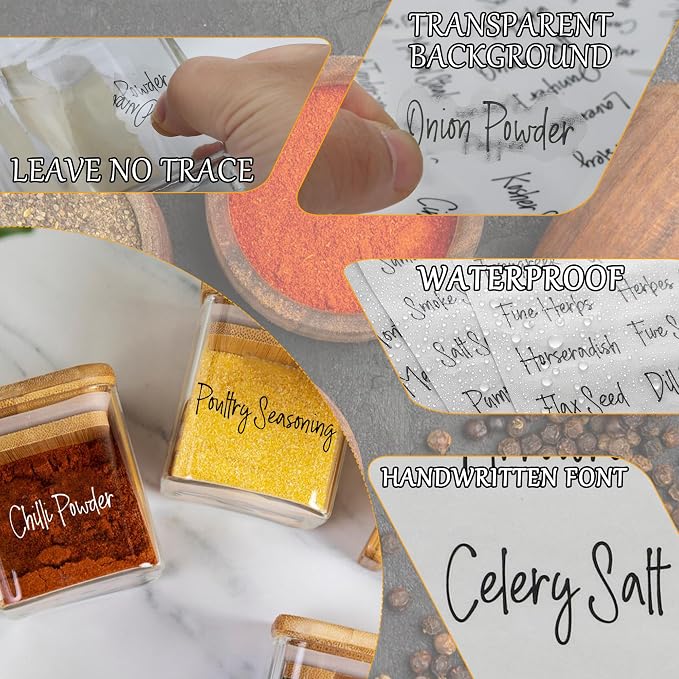 268 Clear Seasoning Jar Labels, Preprinted Kitchen Pantry Organization Labels for Spice Herbs Food Containers Jar Bottle Rack Waterproof Black White Script Sticker Set (4 Black+4 White)