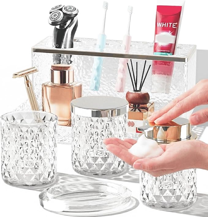 Glass Bathroom Accessories Set 5Pcs Crystal - Foaming Soap Dispenser, Soap Dish, Cup, Acrylic Toothbrush Holder with Tray Organizer, Qtip Jar, Bathroom Counter Set Sink Decor (Clear)