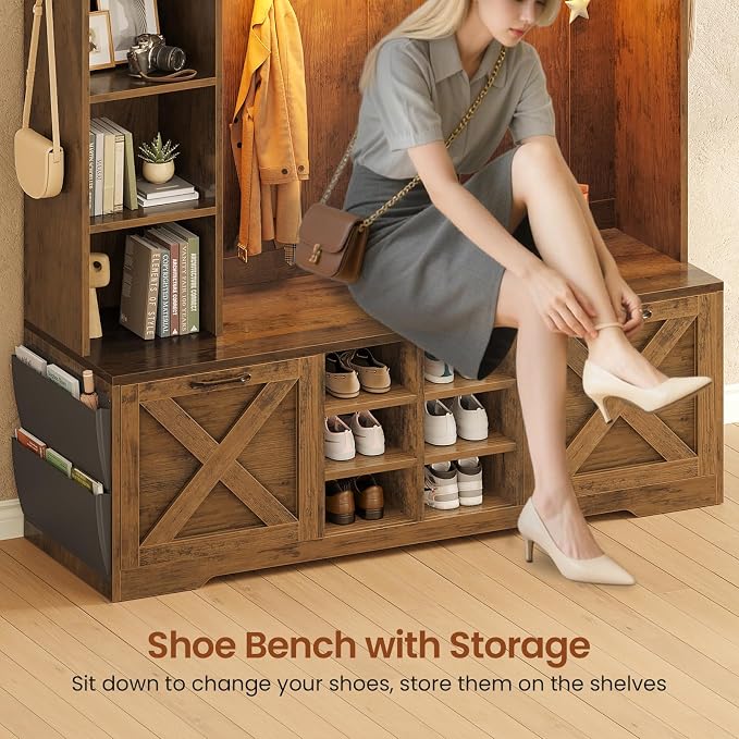Itaar Hall Tree with Bench and Shoe Storage, 59.1" Farmhouse Entryway Bench with Coat Rack, Shoe Cabinet with Flip Drawers, 12 Shelves, 9 Coat Hooks, Storage Bag, Led Lights, Rustic Brown