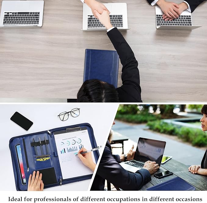 ProCase Portfolio Business Padfolio Folder with Zipper -Navy | Conference Meeting Executive File Legal Document Organizer with Pockets Letter Size A8 Writing Pad Notepad Padfolio