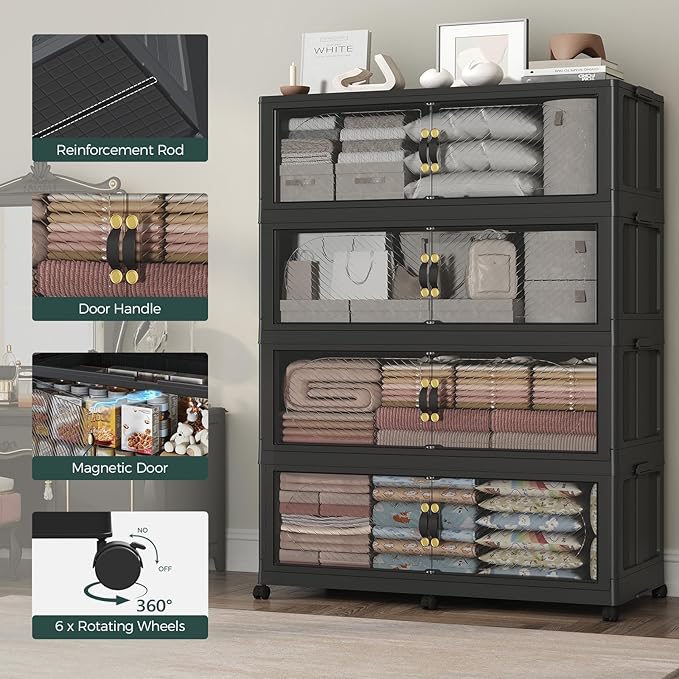 300GAL Plastic Storage Bins with Lid, 1200QT Extra Large Stackable Closet Organizers and Storage, Collapsible Storage Boxes with Wheels, Folding Cabinet for Home Kitchen Office, 5Pack Black