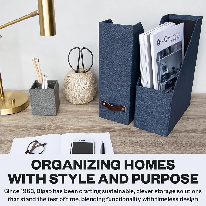 Bigso Box of Sweden Estelle Canvas Fiberboard Upright Magazine Holder and Organizer for Papers and Catalogs with Leather Handle - Magazine File Holder for Office Desks - 12.6in x 4.5in x 9.8in - Blue