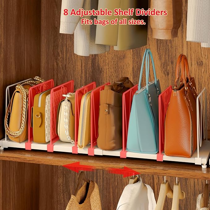 Dmevkic Extendable Purse Organizers Purse Storage. Length 16-28 in. Bag Organizer Purse Holder for Closet with 8 Adjustable Shelf Dividers Patent Pending