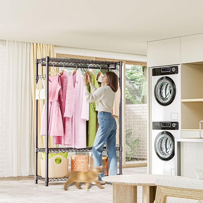 M MZG Heavy Duty Rolling Garment Rack 3 Tiers Adjustable Wire Shelving Clothes Rack with 1 Rods and Side Hooks,Storage Closet Clothing Rack Grey 15.7" D x 45.3" W x 72.4" H