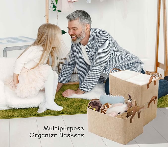AARAINBOW Linen Closet Organizer Storage Bin with Steel Frame, Stackable Fabric Jeans Baskets for Shelves, 4 Packs Foldable Wardrobe Clothes Box for Sweater Pants Clothing Towel Shirt Felt, 23L Beige