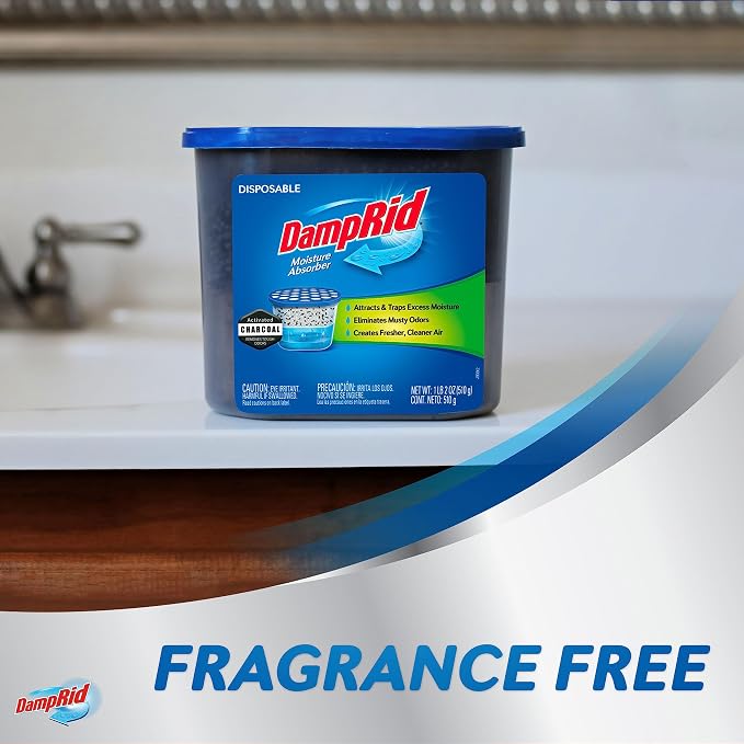 DampRid Fragrance Free Disposable Moisture Absorber & Odor Remover with Activated Charcoal, 18 oz., 3 Pack, Lasts Up To 60 Days, No Electricity Required