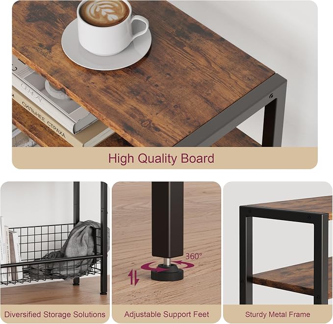 DIY Narrow Side Table, 3 Tier End Table with Various Storage Basket, Slim Sofa Side Table for Small Spaces, Skinny Nightstand, for Living Room, Bedroom, Rustic Brown