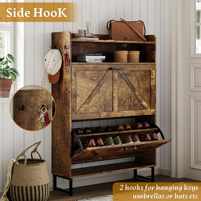 Wodeer Shoe Storage Cabinet with 2 Flip Drawers, Narrow Wood Shoe Cabinet Storage for Entryway with Metal Legs & Hooks, Adjustable Shelves, Freestanding Shoe Rack Organizer for Foyer, Hallway, Brown