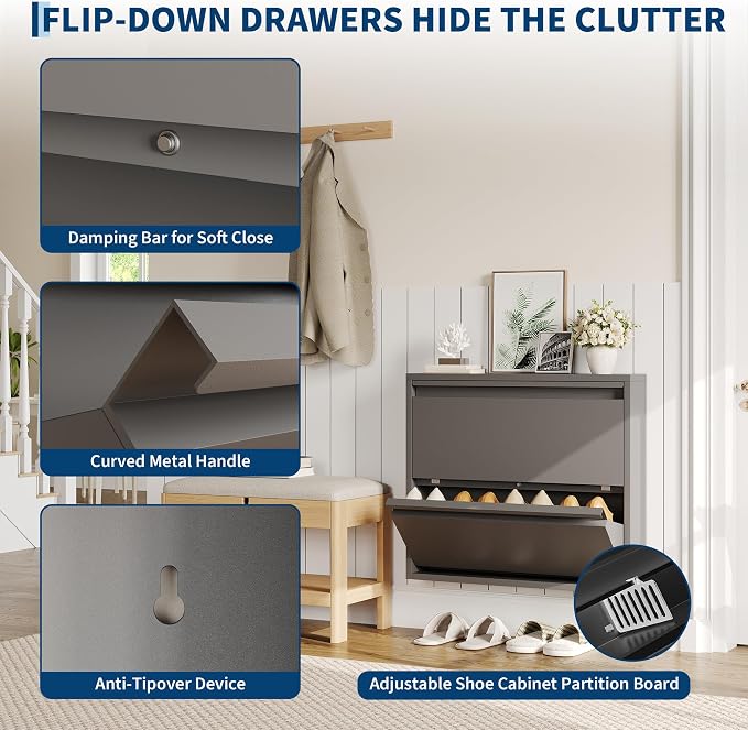 Garvee Slim Metal Shoe Cabinet with 2 Flip Drawers, Narrow Shoe Storage for Entryway, Wall Mounted or Floor Standing, Detachable Bottom Corners for Flexible Placement, Anti-Tip Safety Wall Mount