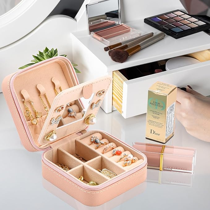 Neveika Jewelry Box with Mirror,Small Jewelry Organizer Box，Travel Jewelry Case for Women，Gift Jewelry Boxes for Female Girls (4pcs mirror pink)
