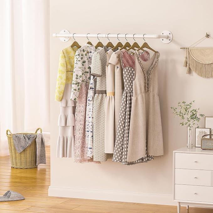 ERYTLLY Industrial Pipe Wall Mounted Clothes Rack,38 Inches Heavy Duty Detachable Garment Rack,Multi-purpose Hanging Rod for Closet,Set of 2,White