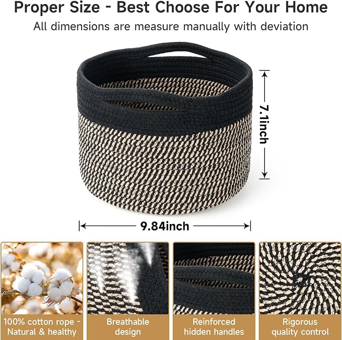 Small Rope Baskets for Storage, Baskets for Gifts Empty, Cute Round Woven Basket, Decorative Shelf Baskets 9.82×9.82×7.1", Cotton Toy Basket Storage Bins for Organizer 3 Packs-Brown+Black