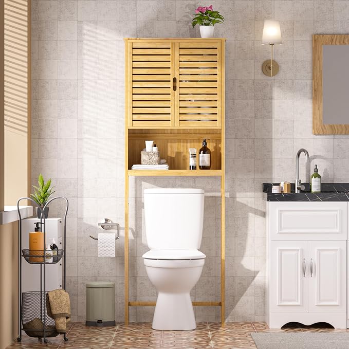 Yardenaler Over-The-Toilet Storage Shelf with Doors, Bathroom Freestanding Bamboo Organizer Space Saver with Adjustable Shelf, Natural