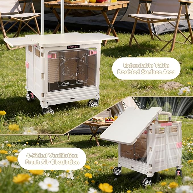FELICON SELORSS Folding Utility Cart Portable Rolling Crate Handcart-Gray | Magnetic Sliding Lid+Lockable Transparent Front Panel,Telescoping Handle,4 Swivel Wheels Tote for Travel Shop Office Teacher