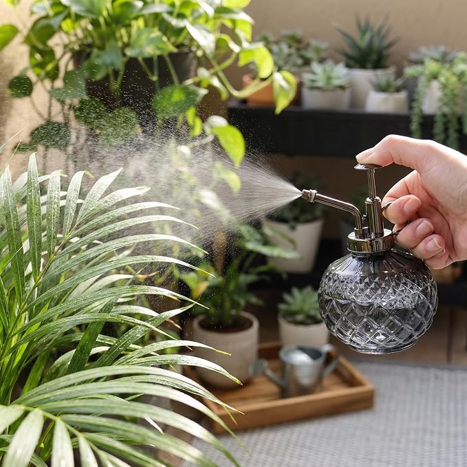 OFFIDIX Plant Mister Glass Spray Bottle Gray, Vintage Small Misters10 OZ | Fine Mist Spray, Refillable Watering Can with Plastic Top Pump, Spray Bottles for Garden Plant Cleaning, Indoor Outdoor Decor