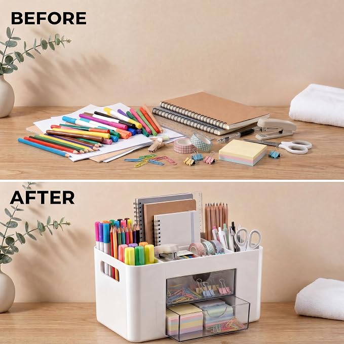 White Desk Organizer with Drawers, 4 Slots, Side Handles, Pen Holder | Desktop caddy for office supplies, makeup brushes, art & vanity | 5 compartments, 2 pull-out drawers, built-in side handles