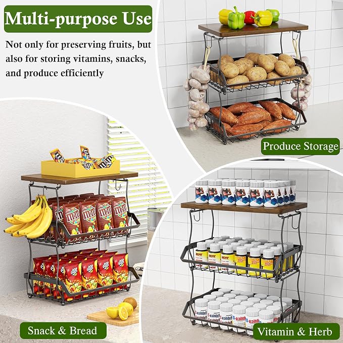 OKZEST 3-Tier Fruit Basket Fits Between Countertop & Upper Cabinet, 16.8" H | Includes wood top & banana hangers, Stackable kitchen countertop organizer, Holds potato, onion, bread, snack, fruit, veggie