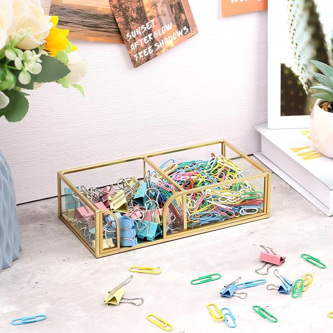 Glass Sticky Note Holder,2 Slots Gold Post It Note Dispenser for Desk,3 x 3 Inch Post It Note Holder, Stylish Sticky Note Dispenser for Home Office Desk Table Drawer