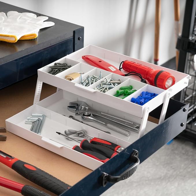 IRIS USA 2-Tier Drawer Organizer |Made in USA| 22 Dividers - White | Expandable Multi-Level Collapsible Organization Storage for Crafts, Makeup, Jewelry, Office & Garage