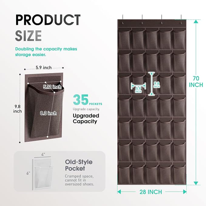 WVM Over the Door Shoe Organizer with 35 Breathable Mesh Pockets, Hanging Shoe Organizer for Door with 4 Metal Hooks, Large Capacity Closet Storage for Shoes, Accessories