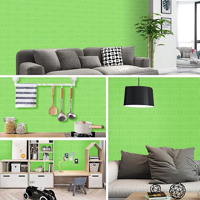 3D Wall Panels, 14.5 sq.feet Coverage, Printable Wallpaper Sticker with Self-Adhesive Waterproof Brick PE Foam Wall Panels Peel and Stick for Interior Wall Decor, Home Decoration 10 PCS Green