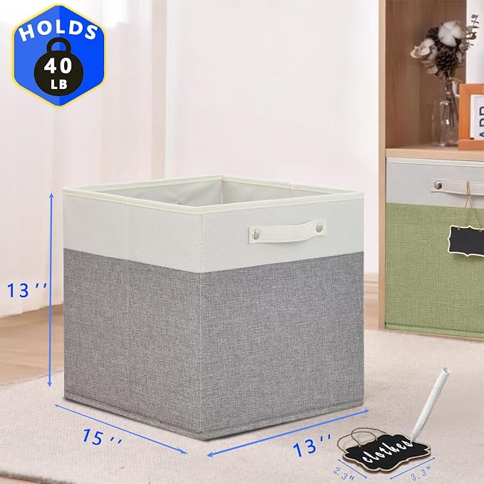 13x15x13 storage cube bins 4 Pack,Collapsible Fabric Storage Cubes with Labels,Linen Cube Storage Organizer Bins with Cotton Handles,Square Storage Cubes for Home,Office,Clothes,Cabinet(White Grey).