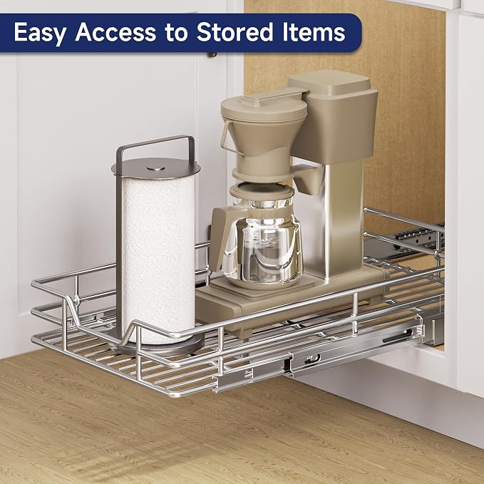 Pull Out Cabinet Organizer, 10.5" W x 18" D, Heavy Duty Chrome Slide Out Shelf for Narrow Base Cabinets, Sliding Wire Basket Drawer for Spices, Bottles, Snacks & Cleaning Supplies