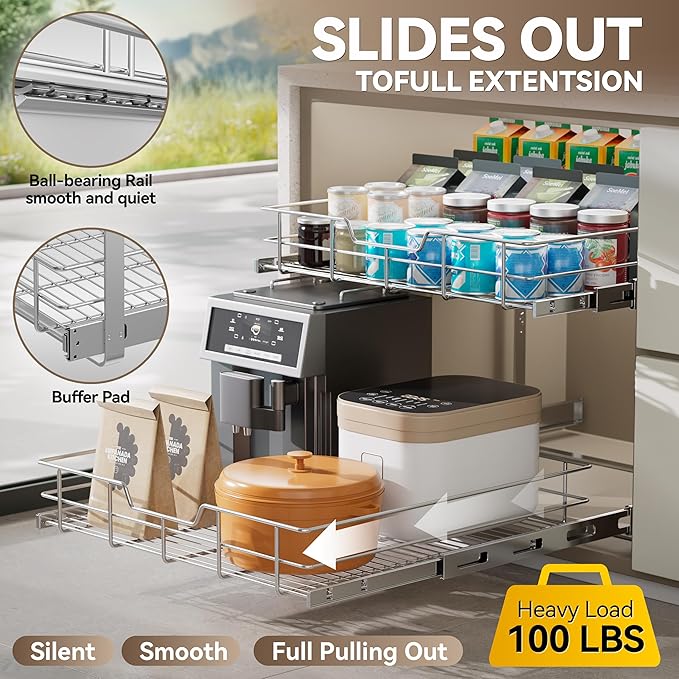 Pull Out Cabinet Organizer 24" W X 22" D, Slide Out Drawers For Kitchen Organizers and Storage, Pull Out Drawers For Cabinets Capacity Heavy Duty Caddy, Cabinet Shelves Chrome-Plated, Bathroom Pantry