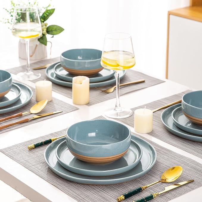 AmorArc Ceramic Dinnerware Sets for 8, 24 Pieces Handpainted Plates and Bowls Set with Rustic Terracotta Underside, Scratch Resistant Stoneware Dishes Set, Dishwasher & Microwave Safe, Stone Blue