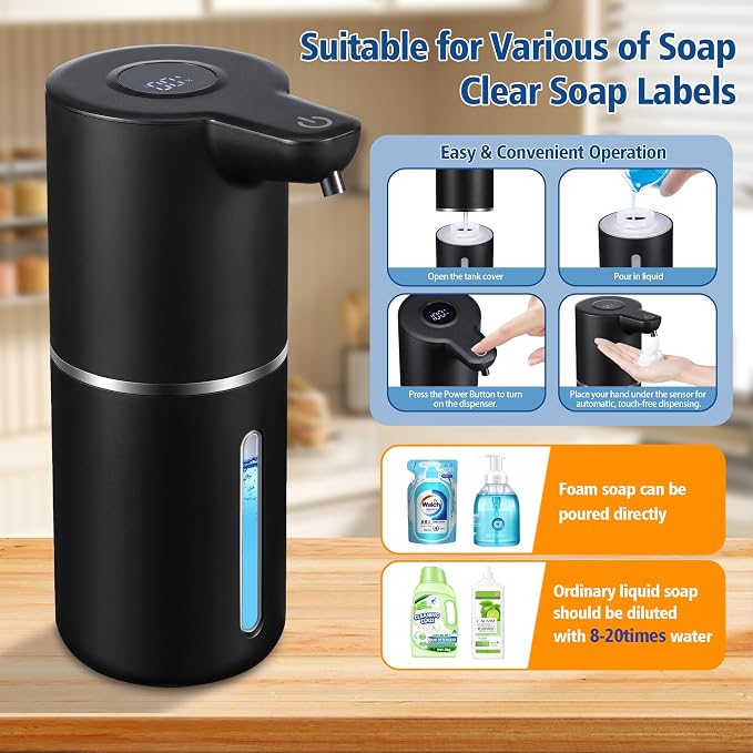 Automatic Foam Soap Dispenser Touchless | USB Rechargeable Smart Hand Soap Dispenser, 4-Level Adjustable, 12oz Wall Mounted for Bathroom Kitchen(Black Foam)